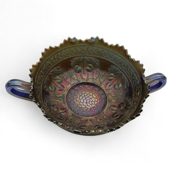 Vintage Fenton Carnival Glass Cherry Circles Bonbon Leaf & Bead Pattern Bowl Wit - Picture 6 of 7